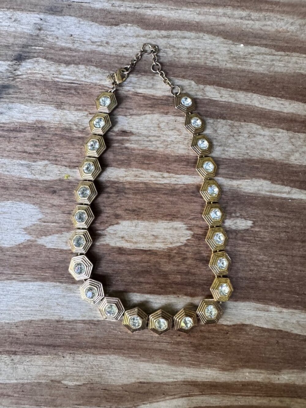 J Crew Gold Tone Hexagon Crystal Necklace 16” Adjustable Statement Lobster Clasp
